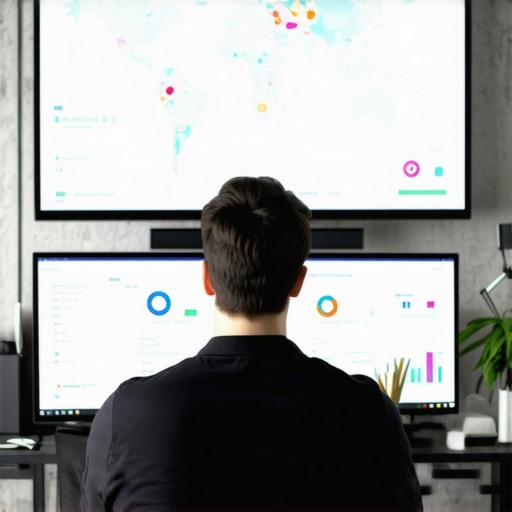 Digital marketer analyzing local SEO data and analytics on a large monitor.