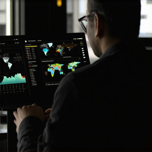Person analyzing local SEO data on a laptop with graphs and maps, illustrating AI-driven insights.