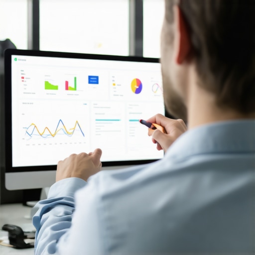 Person reviewing SEO data on a digital screen with charts and graphs