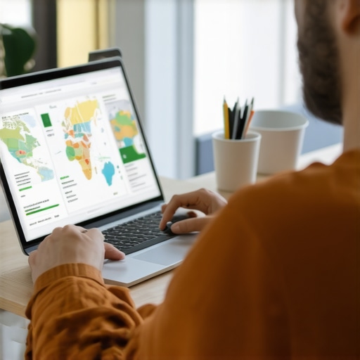 A person analyzing local SEO performance metrics on a laptop with charts and maps