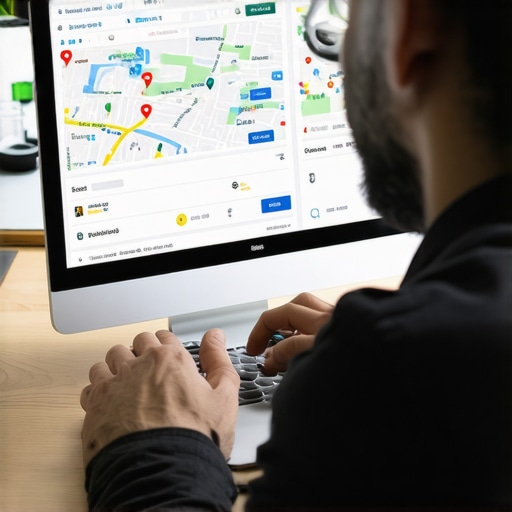 A person analyzing local SEO signals on a laptop with charts and maps.