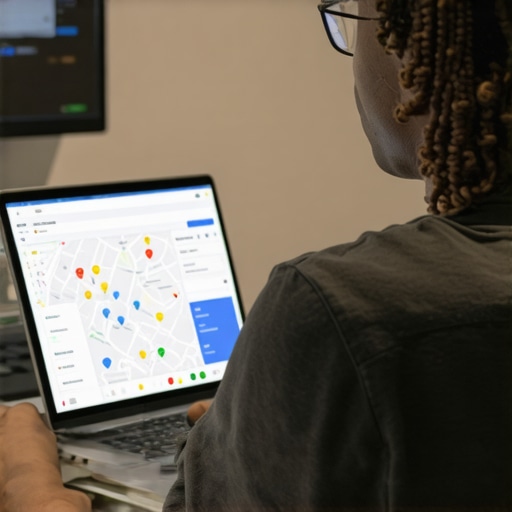 Business owner editing Google My Business profile on a laptop with local map interface