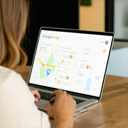 Small business owner working on Google My Business profile on laptop with local maps