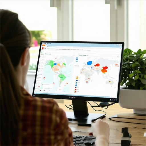 Person reviewing local SEO analytics on a computer screen with maps and charts.