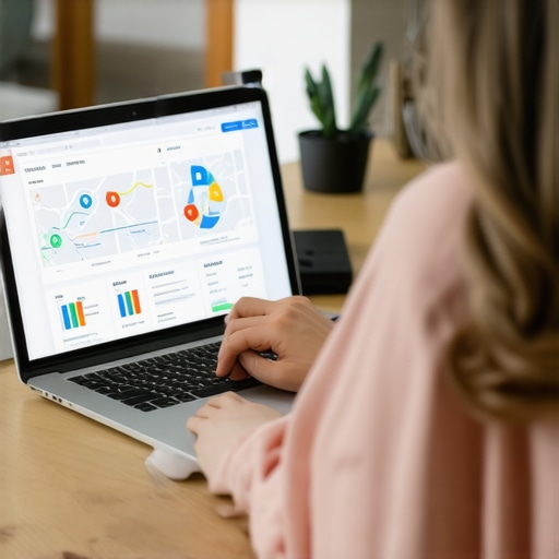 Local SEO Optimization Workspace Person working on local SEO strategies with maps and analytics on the screen.