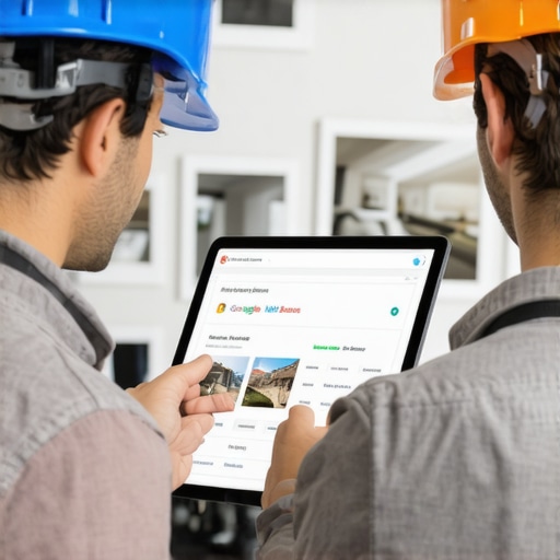 Contractors working on updating a Google My Business profile on a tablet in a renovation site.