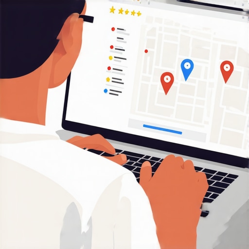 Person working on Google My Business profile on a laptop with maps and reviews around.