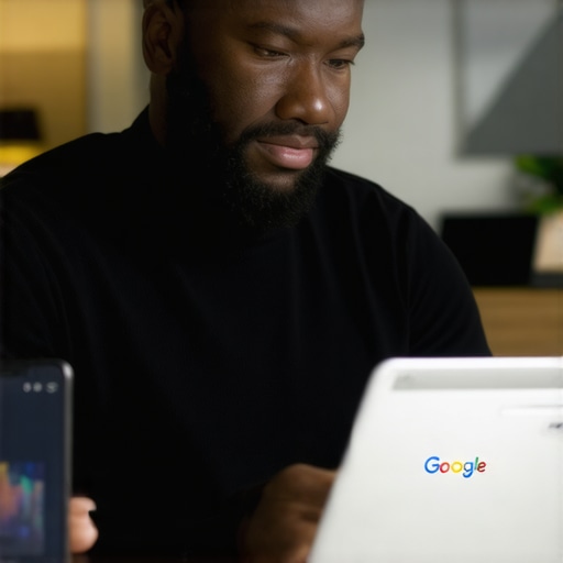Business owner updating Google My Business profile with laptop in a modern office