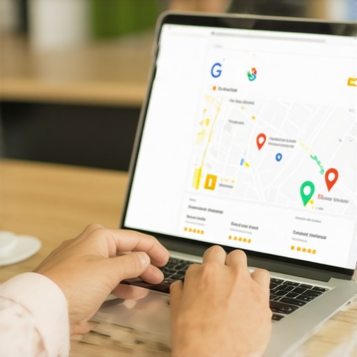 Renovation business owner updating GMB profile on laptop with maps and reviews.