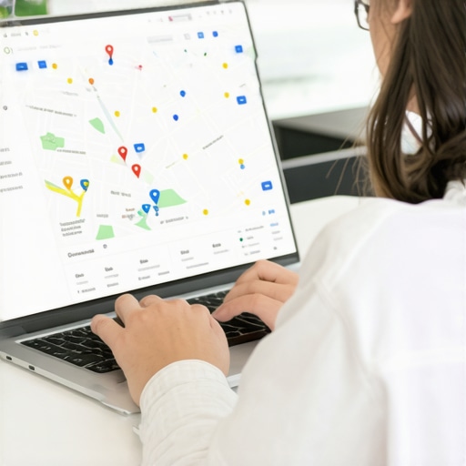 Business owner updating Google My Business profile on laptop.