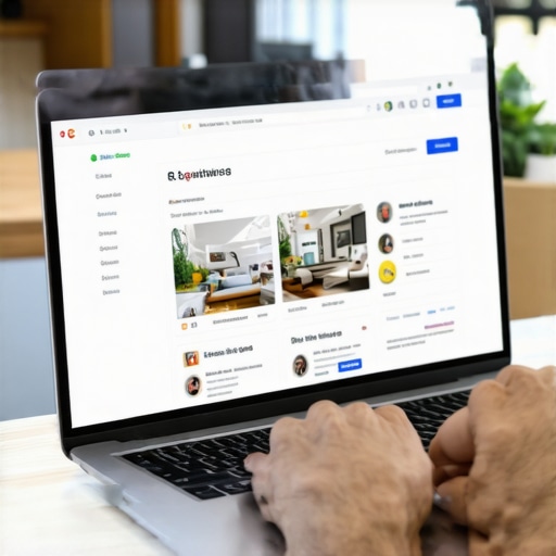 Contractor updating GMB profile on laptop showing renovation photos.
