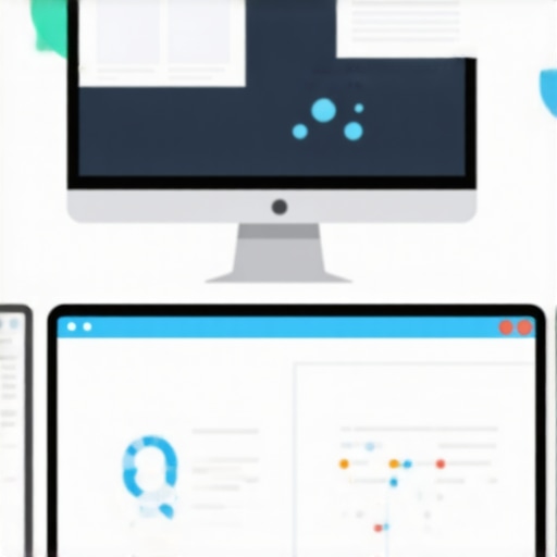 SEO Tools Workspace A workspace setup with multiple monitors displaying local SEO analytics and citation management dashboards.