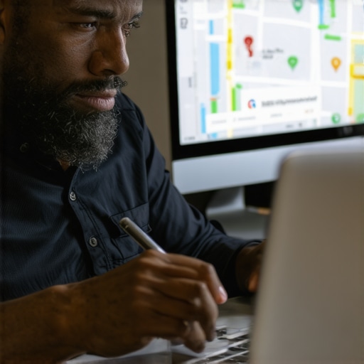Business owner editing GMB profile on laptop with local map in background.