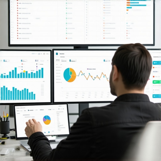 A professional analyzing SEO data dashboards for local search optimization