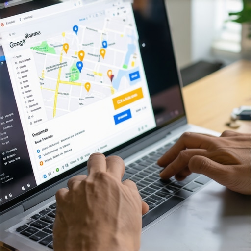 Person editing Google My Business profile on laptop with local map interface.
