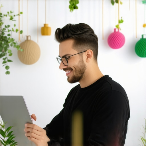 Business owner editing Google My Business profile with decor business in background.